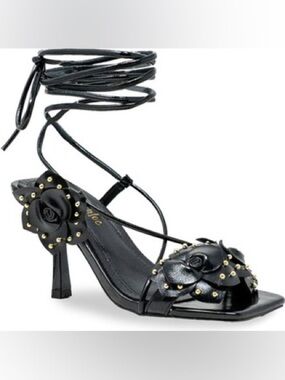 Chase + Chloe Black Lace-Up Rose-Embellished Heels